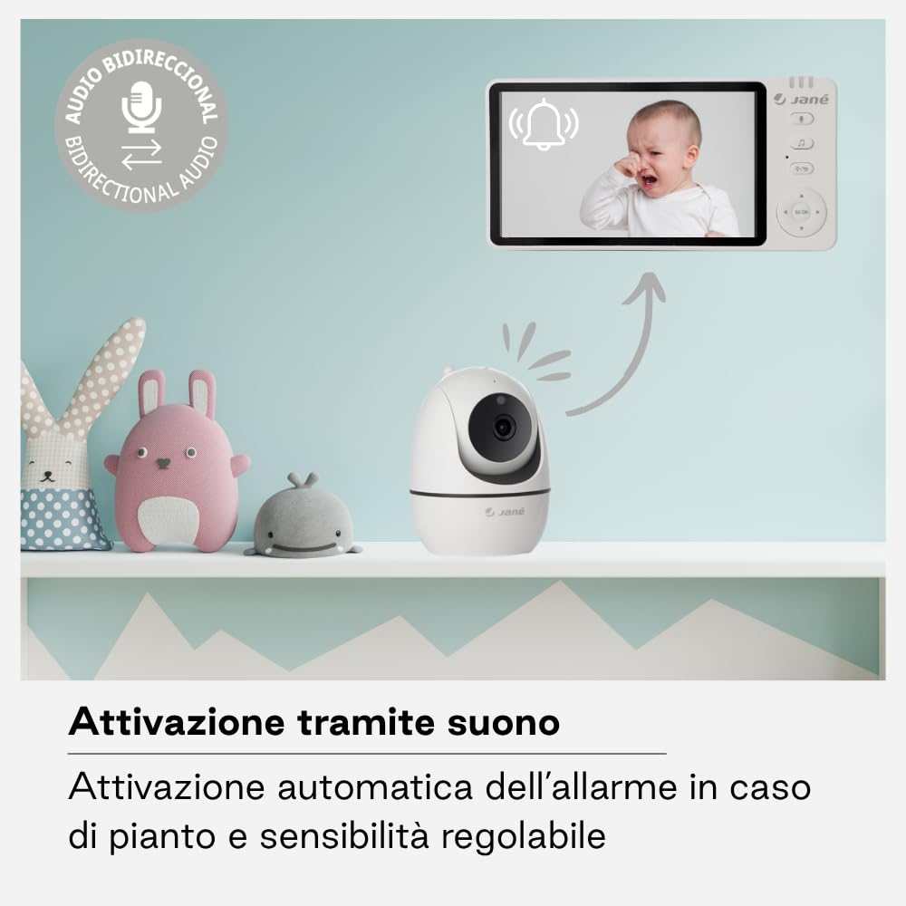 Jané Eye Pro Baby Monitor, Baby Monitor con Telecamera Rotante, Inclinazione Motorizzata, Display da 5”, Audio Bidirezionale, Visione Notturna, con Musica, Basso Consumo