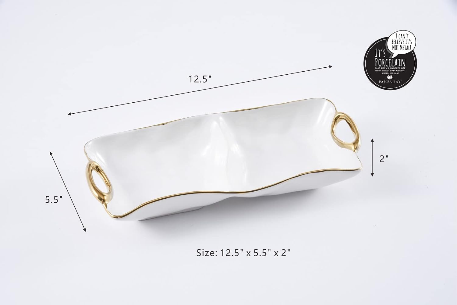 Pampa Bay Titanium-Plated Porcelain Golden Handles 2-Section Server, 12.5 x 5.5 x 2in