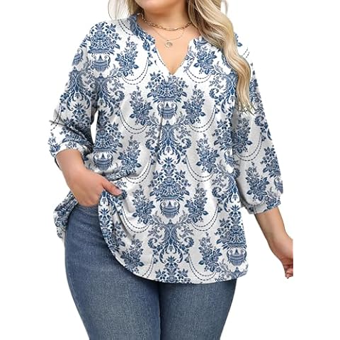 TFSDOD Plus Size Tops for Women 3/4 Sleeve V Neck T Shirts for Women Floral Blouses for Women Flutter Puff Sleeve Tunic Boho T-Shirts White with Blue Floral 3xl Cover