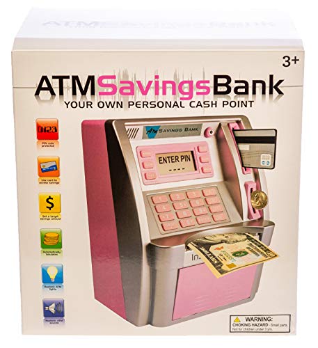 ATM Toy Savings Bank with Motorized Bill Feeder, Coin Reader and Balance Calculator (Pink)