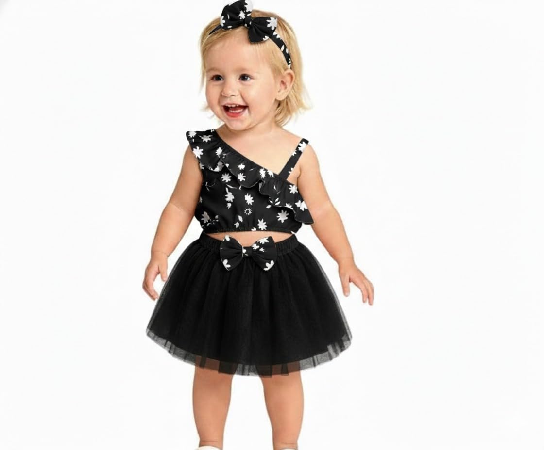 A.T.U.N. (ALL THINGS UBER NICE) Top asimétrico para bebé niña con falda tutú superpuesta y diadema | Traje de fiesta de 3 piezas de fantasía para niños
