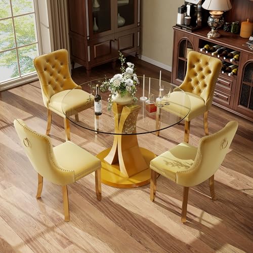 Image of 5-Piece Dining Table Set with 39In Tempered Glass Table and 4 Velvet Upholstered Chairs, Modern Scandinavian Furniture for Dining Room Kitchen(Yellow&Gold)
