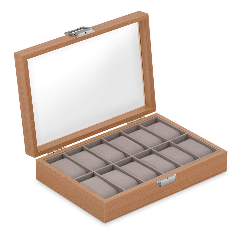 Maverton Cofanetto Porta Orologi con 12 scomparti - Custodia orologi in legno - Coperchio in vetro - Fodera in velluto grigio - incisione personalizzata - regalo uomo - Vita