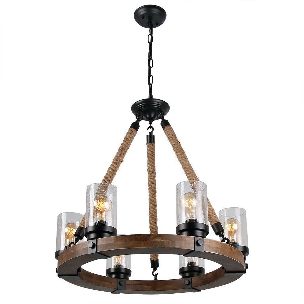 CONERY Rustic Wagon Wheel Chandelier With Wood Frame And Seeded Glass