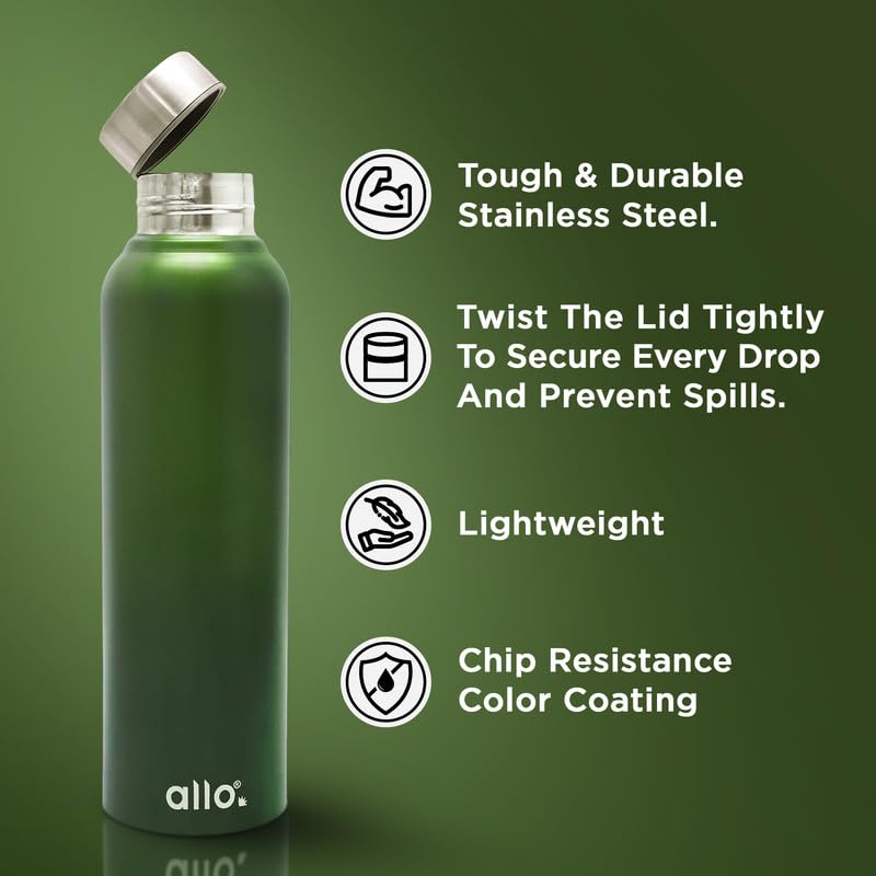 Image of Allo Stainless Steel Water Bottle For Adults, Kids 950ml Water Bottles For School, Office, Sports, Gym 950ml Water Bottle For Men And Women, Pack Of 2| Leak Proof, Bpa Free, Olive Green, Lavender
