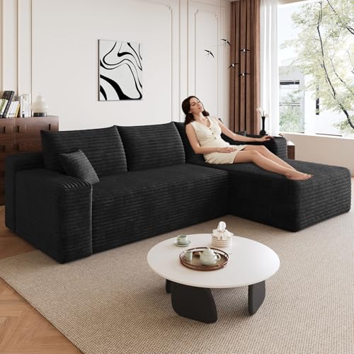 Image of 95 inch Modular Sectional Sofa, Modern Corduroy Cloud Couch with Side Pockets, Boneless Couch Upholstered 3-Seater L-Shaped Sofa for Living Room, No Assembly Required (Black,Right-Facing Chaise)
