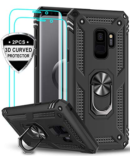 LeYi Samsung Galaxy S9 Case with 3D PET Screen Protector [2 Pack], [Military Grade] Magnetic Car Ring Holder Mount Kickstand Shock Absorption Defender Protective Phone Case for Samsung S9 JSFS Black