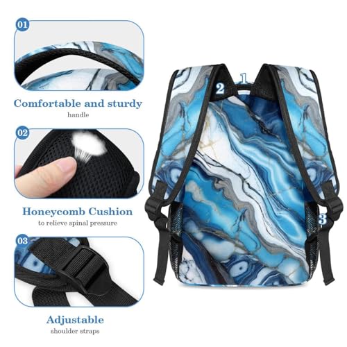Sac d'école ergonomique texture marbre bleu avec trousse assortie