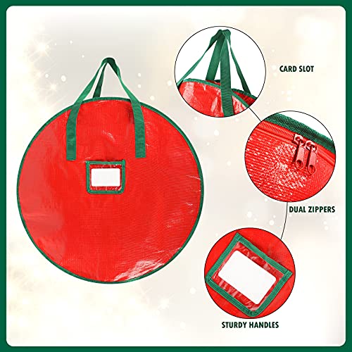 Shappy-4-Pieces-Wreath-Storage-Container-Bag-Round-Garland-Holiday-Container-Zippered-Xmas-Artificial-Wreath-Container-with-Handle-for-Christmas-Tree-Red30-x-7-Inches