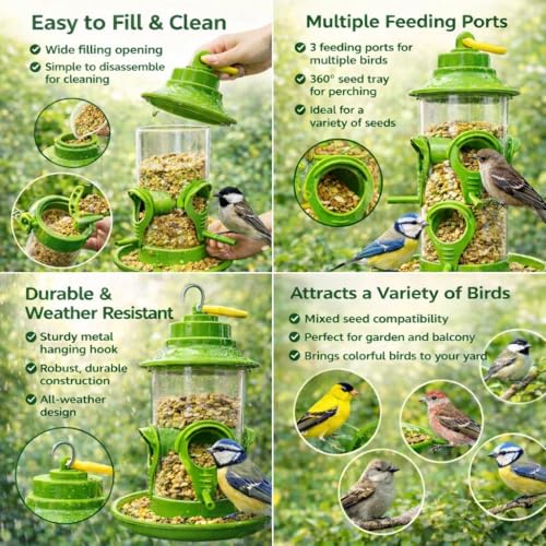 Image of rizopets Hanging Need Hut Shape Bird Feeder,6 Feeding Nozzles Green, Transparent Tube,Perch Feeder for Outdoor Garden,Balconies Pack of 2