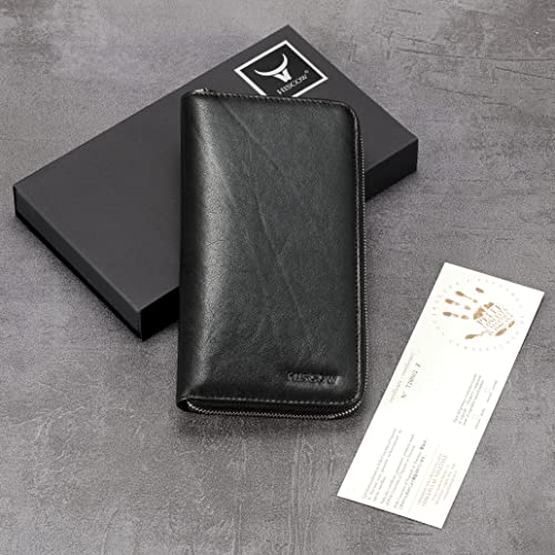 Image of HISCOW Leather Checkbook Cover, Zippered Wallet, Vegetable-Tanned Black | Full grain cowhide, 5cc & ID window, personal check book & register pockets, removable duplicate divider, women secure zipper