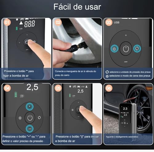 Compressor de Ar Portátil CARSUN Digital com Display LCD e Múltiplas Funções - Compacto Leve Prático