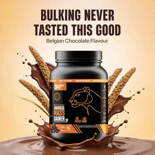 Image of Beast Life High Protein Mass /Weight Gainer | 1 KG | Belgian Chocolate with Free Shaker | NABL LAB Tested | For Muscle Gain & Fast Growth | Cereal-Based Formula, No Maltodextrin | India's #1 Cereal Based Bulk Gainer