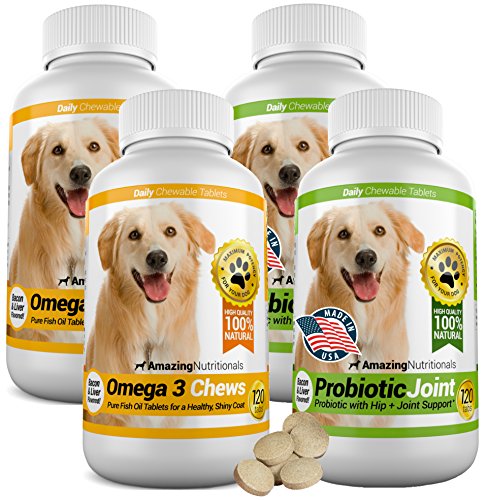 Amazing Combo Omega-3 Fish Oil and Probiotics for Dogs - Pure All-Natural Pet Antioxidant - Promotes Shiny Coat, Brain Health, Eliminates Diarrhea Gas and Joint Pain, 120 Tasty Chews x 4