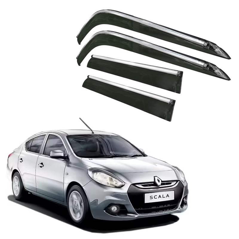 Image of CAR SAAZ Side Door Visors for Scala (2012-2017)(Set of 4Pcs) | Chrome Lined Rain Guards, Polycarbonate, Smoke Finish