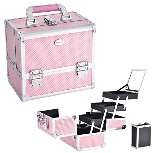 Preisvergleich Produktbild Alu Kosmetikkoffer Schminkkoffer Schmuckkoffer Make-up Koffer Beauty Case Multikoffer 25x18x23,5cm mit Spiegel Pink