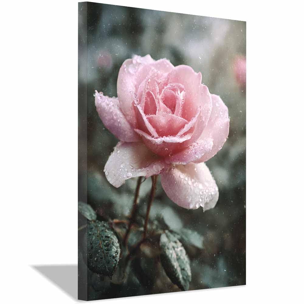Hoqiu Multicolor Flower Posters Dewy Pink Ros Blooming Modern Canvas Wall Art, Decorative Paintings, Canvas Painting Wall Art For Home Decor.(Multicolor)-60X80cm Framed