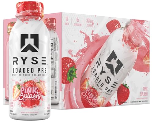 Image of RYSE Loaded Pre Workout Drink - Pink Splash - Sugar-Free, Ready to Drink Energy Supplement with 325mg Caffeine, Citrulline & Beta Alanine for Focus & Pump - 12 fl oz Bottles (Pack of 12)
