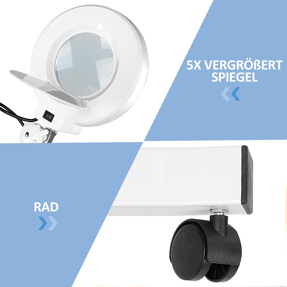 Lampada da Terra con Lente d'Ingrandimento 5X Salon - Base Mobile a 4 Ruote, Illuminazione Regolabile a Collo D'Oca in Piedi Luce Lente d' Ingrandimento per attività Professionali