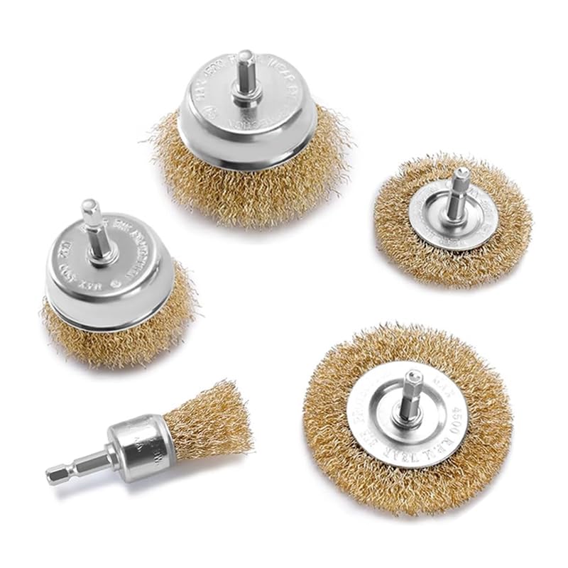 Image of 5 Pcs Wire Wheel Brush Set for Drill,Carbon Steel Wire Cup Wheel Coarse Crimped Abrasive Brass Coated Brushes with 1 /4 Inch Hex Shank for Rust Remova,Corrosion and Scrub Surfaces