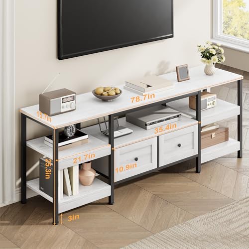 Garvee Industrial TV Stand with 2 Drawers, 79 in Entertainment Center, Fits TVs Up to 85 in, Rustic Style Media Console with Storage Shelves, White - image 2
