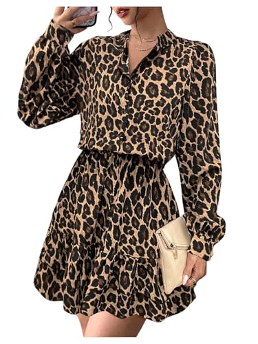 Floerns Women's Graphic Print Lantern Sleeve Button Shirt Dress Ruffle Hem Short Dress