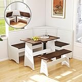 Breakfast Nook Set 3-4 Seat L-Shaped with Hidden Storage - Space Saving Corner Kitchen Dining Table & Bench Set - Farmhouse Family Home White Brown Wood