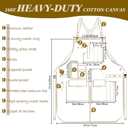 Work-Apron-Canvas-Apron-Adjustable-Weight-Tool-Aprons-with-Multiple-Pockets-Adjustable-Zipper-Metal-Ring-Tape-Measure-Clip-Apron-for-Men-Women-27In36In-Khaki