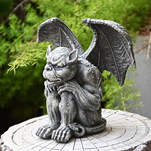 OwMell Gargoyle Statue Garden Guardian Sculpture Figurine Gothic Indoor Outdoor Garden Decor Statue, Sitting with Hands on Knees 7 Inch