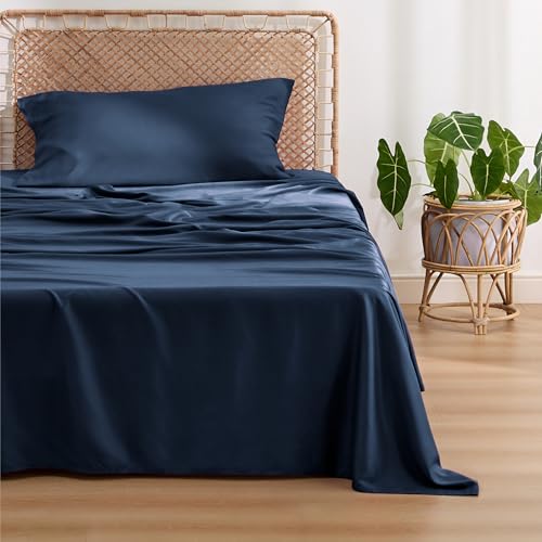 Image of Bedsure Cooling Sheets Twin, Rayon Derived from Bamboo, PureWoven, Breathable & Soft Twin Sheets Set, Deep Pocket Up to 16 Inches, Hotel Luxury Silky Bedding for Hot Sleepers, Navy
