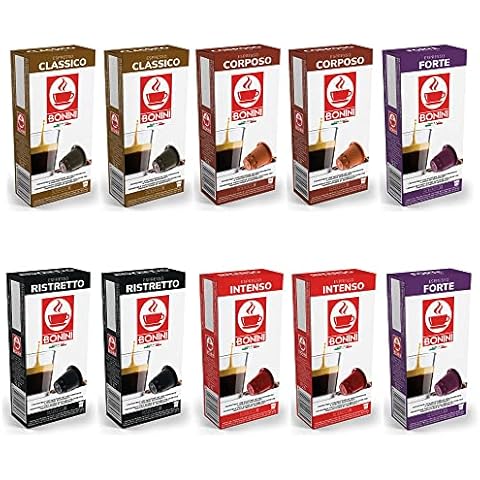 Caffè Tiziano Bonini Coffee Pods, Nespresso Compatible Intense Variety 10 Packs Coffee Pods, Blends Inc. Ristretto, Intenso, Forte, Corposo, Classico. Each Pack 10 Pods Total 100 Pods Cover