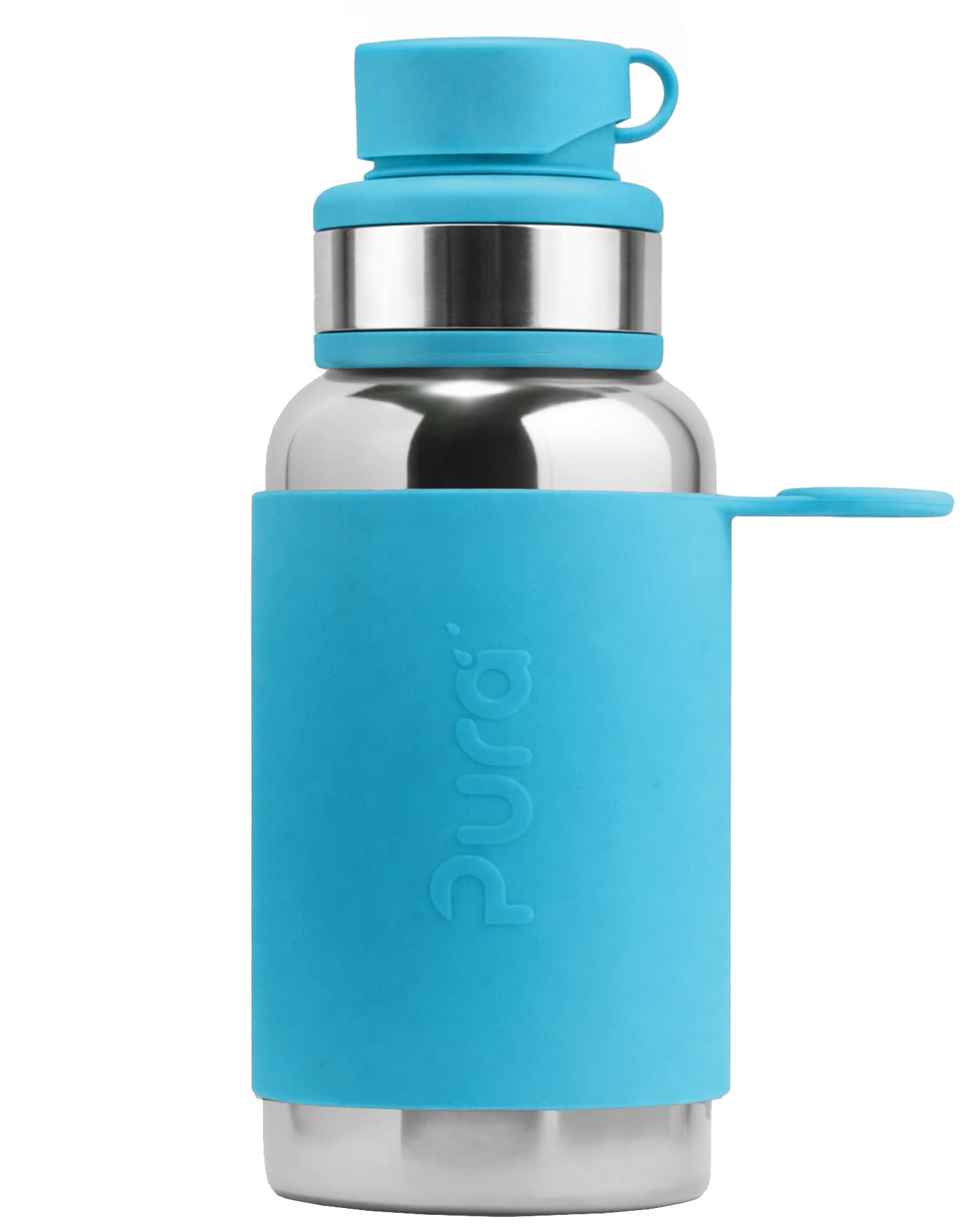 Pura Sport 18oz/ 550ml Standard Bottle w/Sleeve - Stainless Steel, Non-Insulated, Warm & Cold, Leak-Proof & Spill-Proof SIlicone & Stainless Steel Collar for Kids, Toddlers, Preschoolers - Aqua