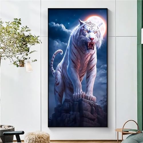 Broderie Diamant Tigre Blanc 5D point de croix complet et kit diamond painting adulte lune 50x115