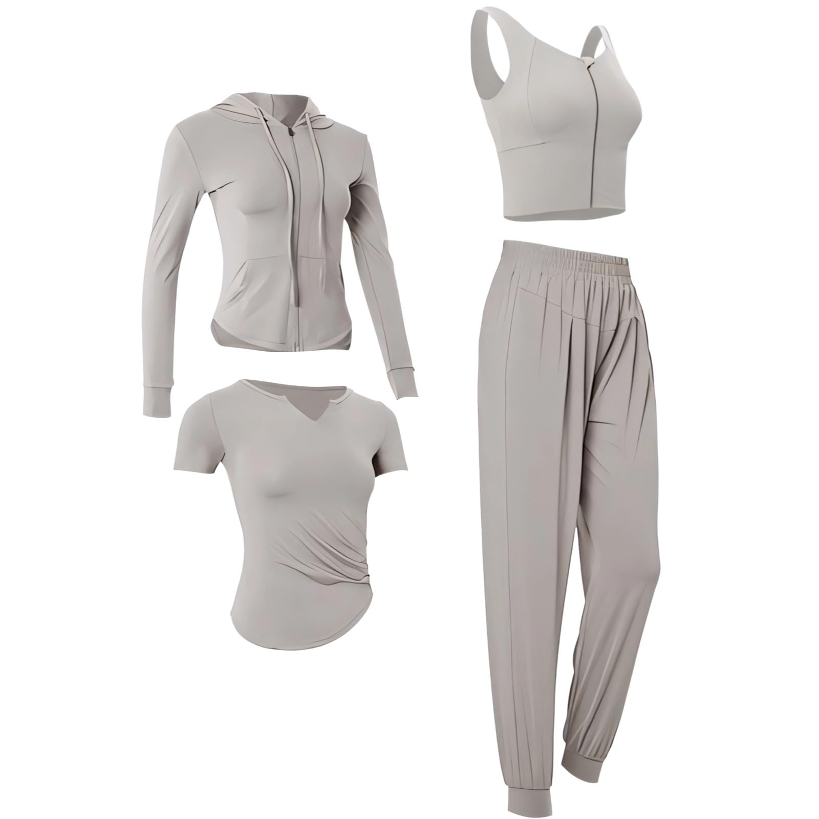 Conjunto de ropa deportiva de 4 piezas para mujer, tela transpirable que absorbe el sudor, incluye chaqueta de manga larga, manga corta, brasier deportivo y pantalones para gimnasio y yoga
