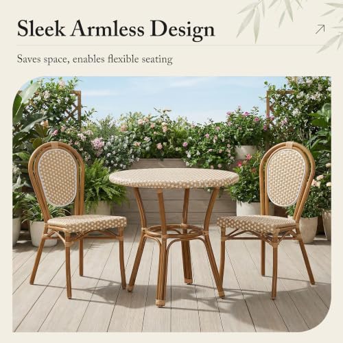 Image of PURPLE LEAF Patio Dining Chair Set of 1 Outdoor French Aluminium Frame in Bamboo Finish with Amber & White Woven Rattan for Indoor Kitchen Deck Bistros Cafe Restaurant