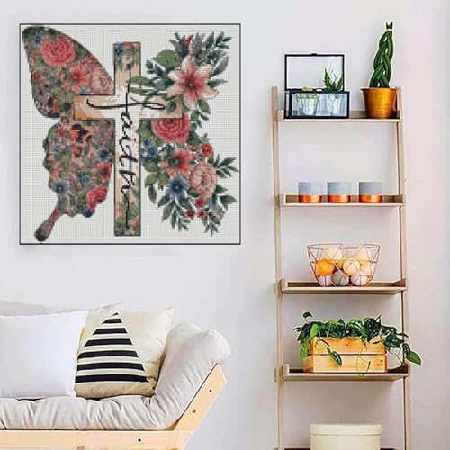 Image of Butterfly Flower Stamped Cross Stitch Kits Cross Stitch Patterns,Religious Cross Dimensions Cross Stitch Kits Embroidery Kit Arts and Crafts for Beginners 13.7x13.7 inch