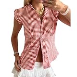 Y2k Button Down Shirt Short Sleeve Gingham Plaid Striped Crop Tops Vintage Coquette Clothes Cute Preppy Fitted Up Lapel Women Teen Girl Going Out Blouse (Red 05, S)