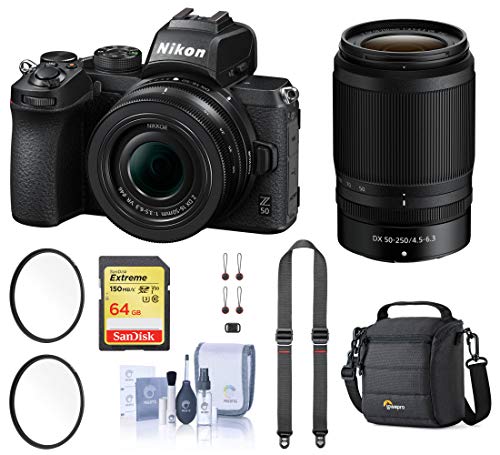 Nikon Z 50 DX-Format Mirrorless Camera with 16-50mm and 50-250mm VR Lens, Bundle with Neck Strap, Case, 64GB SD Card and Accessories
