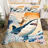 Homewish Juego de ropa de cama divertida para niños, tamaño King, para dormitorio, corgi, tiburón, estilo japonés, oriental, asiático, funda de edredón con diseño de olas del océano, para niños y