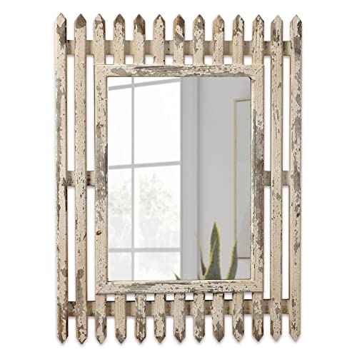 Farmhouse Mirror Wall Decor 16" X 20", Hanging Distressed White Rustic Fence Design Wooden Framed Mirror, Shabby Chic Large Decorative Mirror, Unique Mirrors For Living Room Bedroom Entryway Bathroom #TOP16
