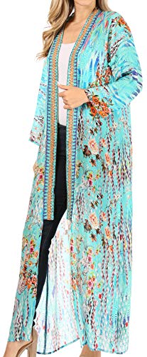 Image of Sakkas Iona Women's Casual Boho Long Kimono Cardigan Open Front Floral Print Loose
