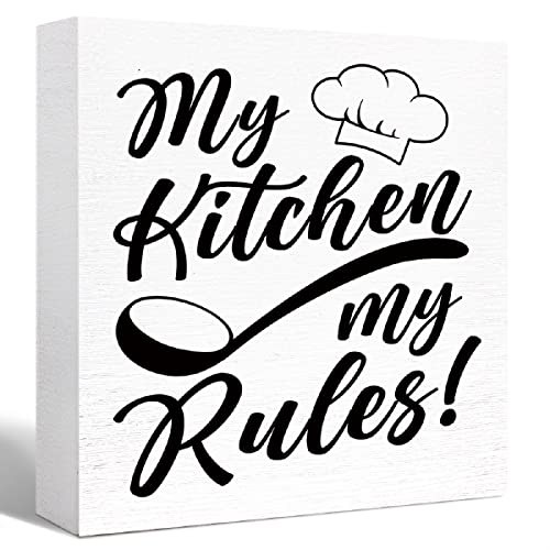 SJNH Kitchen Wood Sign Decor,Rustic Kitchen Wood Block Signs for Kitchen Shelf Counter Table Decor,Funny Kitchen Sign Farmhouse Kitchen Sign Counter Decoration (My Kitchen My Rules)