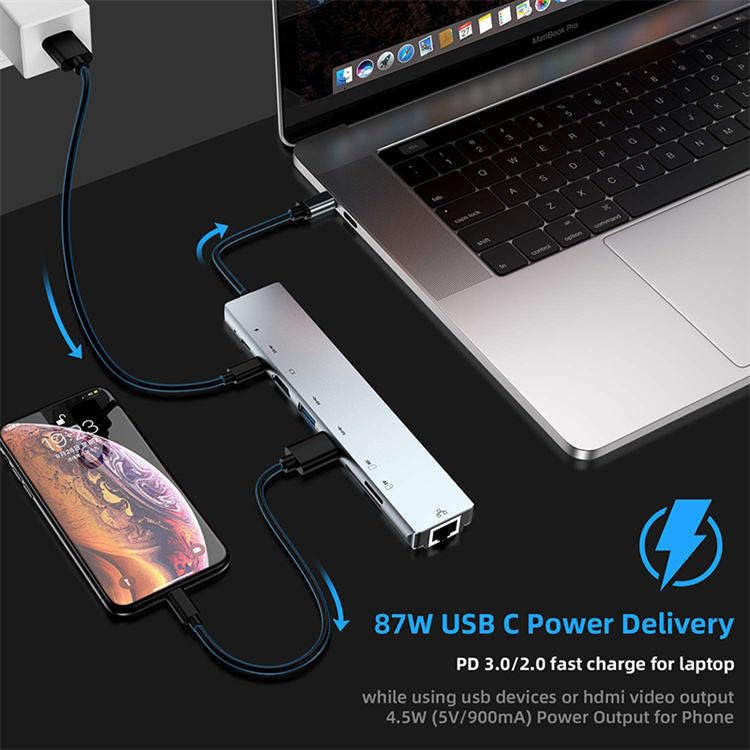Image of Mport 8 Plus Dual Plug 8-in-1 Docking Station /Hub with HDTV, USB*2, USB C Female Port, USB C Male, Rj45, microSD /SD Card Reader, Type-C Data, USB 2.0, Type-C and USB Plug for Laptop, Mac, PC