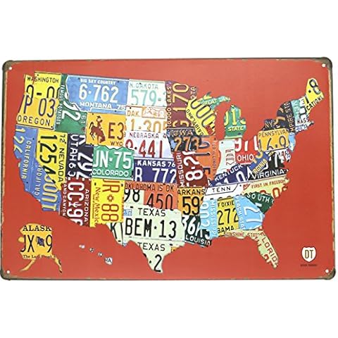 ARTCLUB Red USA Map Road 66 License Plate Metal Tin Sign, Vintage Plaque Poster Garage Bar Home Wall Decor, 8x12 inch Cover