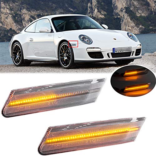 2Pcs LED Dynamic Sequential Blink Side Marker Lamp Light Kit for Porsche Carrera 2005-2013 for Boxster 987 2005-2012 Cayman 2006-2012 Clear Lens Amber LED Front Turn Signal Side Marker Lights