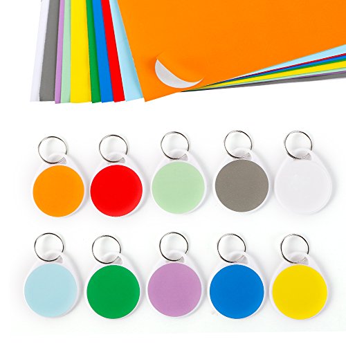 50 Pack Plastic Key Tags with Split Ring, 1.5 Inch Round White Key Tags Writable Key Identification Tags Key Name Tags with 100 Pcs Blank Paper Label Stickers in 10 Assorted Colors for Home Offices