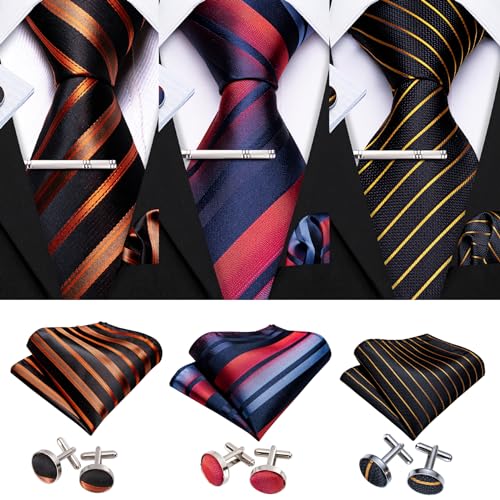 Image of Barry.Wang 6 PCS Men Ties Set Silk Business Fashion Woven Necktie Handkerchief Cufflinks Paisley Stripe Wedding Party