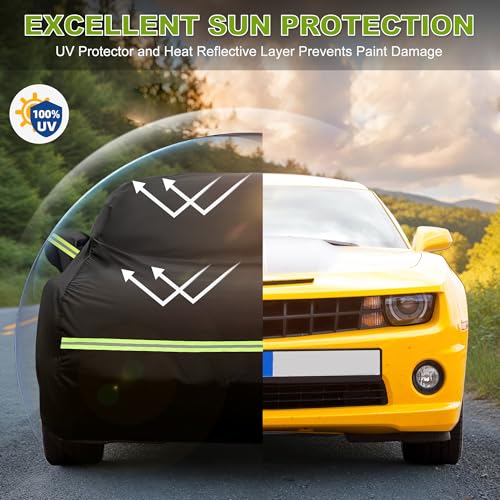 Image of Car Cover for Chevy Camaro 2010-2023 Waterproof All Weather Full Car Cover 210D with Door Zipper & Windproof Bands for Snow Rain Dust Hail Protection Black