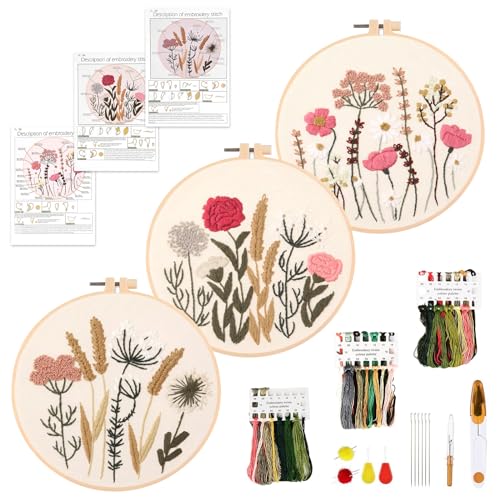 Weinsamkeit Kit de Inicio de Bordado, 3 Juegos de Bordar con Patrones e Instrucciones, juego de bordado para principiantes, juego de bordado hecho a mano para manualidades