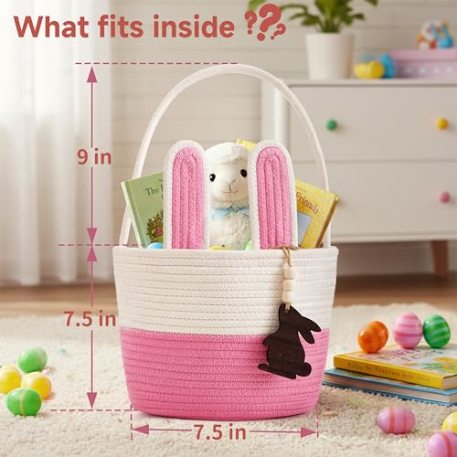 Image of Pro Goleem Easter Basket for Kids, Adorable Woven Egg Hunt Bucket with Handle, Soft First Easter Gift Tote Bag, Nursery Toy Storage Bin with Tag(Pink)